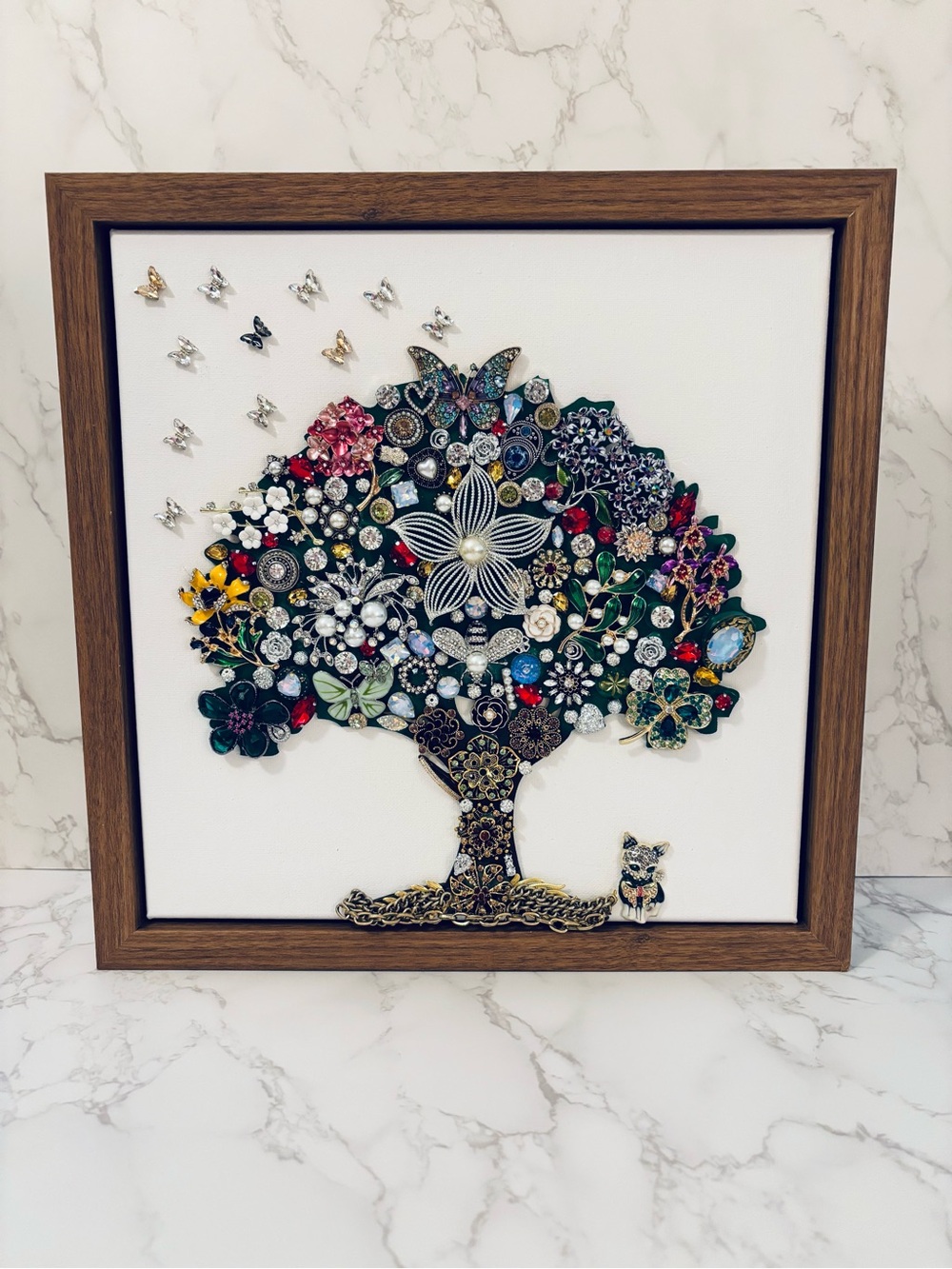 12x12 Jewelry Mosaic Art, Cat Tree of Life, Butterfly Accents
